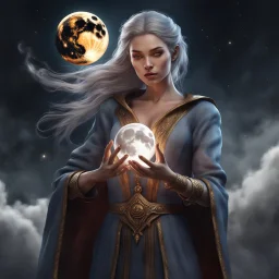 Photorealistic shot of a woman mage holding the Moon in her hand, CGSociety, ZBrushCentral, digital illustration, space background, 3d shading, fantasy art digital painting, digital illustration, extreme detail, digital art, 4k, ultra hd Smoke, smoke clouds, fog, mist, clouds