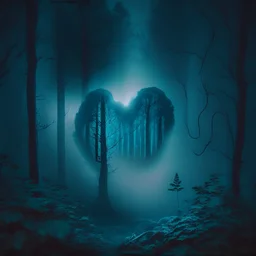 fog in the forest at night with an electric heart