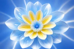 cosmic open flower light blu and white with yellow in the inside. it's glossy and as a crystal. the background is a light sky