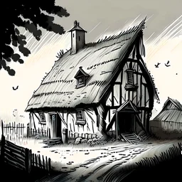 drawing of a village farm building in the style of art novel