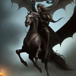 Dark black wearing pirate riding a horse that has a wing and it face looks dragon