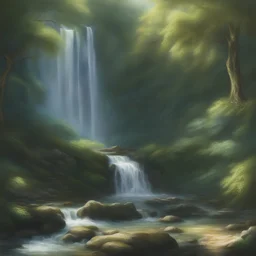 An_enchanted_landscape,_dappled_sunlight, a waterfall _. Magical atmosphere. realistic, haute définition