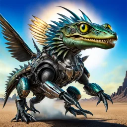 Lucky Stryker, Jet eagle lizard hybrid, biomechanical surrealism, 4 limbs, 2 metallic wings, one jet engine, 2 eyes, big toothy smile