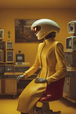 Alien retro computer robot portrait photo, pastel colors, yellow, red, photographed by Jamie Baldridge, film still from wes anderson, medium shot fashion, award winning photography, arty pose, fashion, high definition, high resolution, muted colors , volumetric lighting, 8k, 3d render