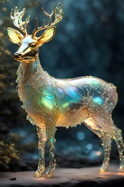 extremely delicate iridescent Deer made of glass, translucent, tiny golden accents, beautifully and intricately detailed, ethereal glow, whimsical, art by Mschiffer, best quality, glass art, magical holographic glow\\n, Broken Glass effect, no background, stunning, something that even doesn\\\'t exist, mythical being, energy, molecular, textures, iridescent and luminescent scales, breathtaking beauty, pure perfection, divine presence, unforgettable, impressive, breathtaking beauty, Volumetric li