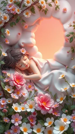 Sleeping and dreaming beautiful dream among flowers in an 3D