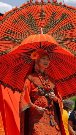 A dark orange parasol themed festival designed in Kuna molas