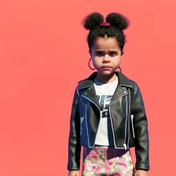 Zazie beetz toddler, full body, leather jacket, floral shirt, floral skirt, Nike sneaker, soft skin, city background, dramatic lighting, hyper realistic