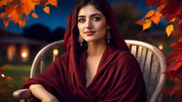 Hyper Realistic Photographic-close-view of Young Beautiful Pashto woman with-beautiful-eyes-&-lips in a Maroon-dress-&-black-shawl & giving bold expressions-with-little-smile sitting on a rocking-chair with beautiful moonlight-rays-on-her-face at night inside in a garden with orange-leaves whirling dramatic & cinematic ambiance.