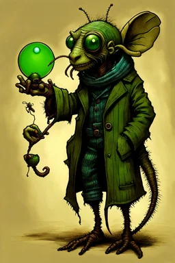 Artist Jean-Baptiste Monge style. A old biomorph male humanoid with Ant face. Bright eyes. A green and blue striped outfit. Modifiers: Tim Burton Craig Rutkowski Modifiers: neon glowing Iridescent black ink