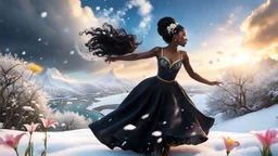 The camera zooms in, focusing sharply on very beautiful black godus girl with make up Lily wearing pretty dress as she dances gracefully in the same romantic environment with flowers and sky with nice clouds. Her joy and youth are presented against the backdrop of the surreal surroundings.a snow covered tree sitting on top of a snow covered slope, detailed swirling water tornado, national geographic footage, inspired by Sim Sa-jeong, by Huang Tingjian, still from a 2015 pixar movie, infrared ca