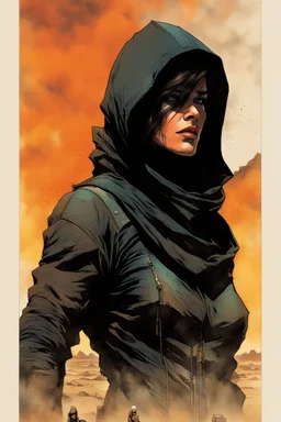 create a fine art print full body illustration of a rugged gritty, roughly textured, hooded, black clad and dusty Fremen female mercenary with highly detailed feminine facial features, amidst the billowing desert storms of Arrakis, in the comic book art style of Bill Sienkiewicz, and Jean Giraud Moebius, finely textured, drawn, colored, and inked,