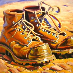 brown moutain shoes , art, oil drawing, bright,