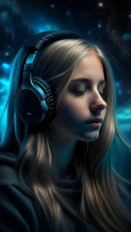 beautiful girl with long blond hair dreaming of a galaxy world with some dark rain and 5d angle and some headphone