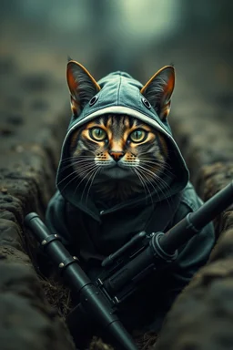 cat with shark mask hat solana in the ww3 trenches in the style of banksy