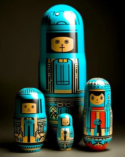 A cyan chromatic desert designed in Matryoshka dolls painted by Stuart Davis