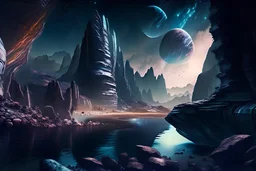 Rocky alien landscape with cliff, river, galaxy, sci-fi, epic