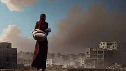 A Palestinian woman wearing a dress carrying very large bags of flour on her back, bending her back down in the destroyed Gaza City, and aid boxes descending from planes near the sea, with a large number of children looking up.