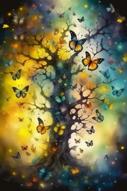 on an old magic tree, a magic lantern hangs on the branches, energy pulsates in it, a lantern filled with colorful mists and galaxies inside. butterflies and moths are flying around, sensually, dry multi-layered watercolor, filigree, magical, watercolor bokeh background, charcoal drawing