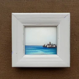 tiny oil painting of tiny seaside village, plain white background, solid white background, tiny white canvas, tiny white frame, melancholy, tender, moody, vintage, delicate arrangement, beautiful composition, etsy, aesthetic layout, plain solid white background