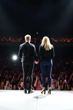 Norwegian Identical twins celebrites standing on a stage with holding their hands, a big girl crowd cheering below, lot of photographers, flashing lights
