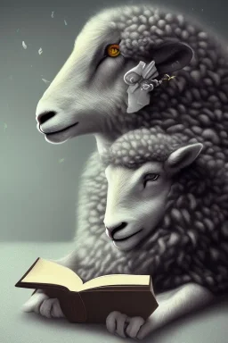 one black sheep reads a book on other site white sheep herd sleep