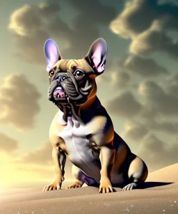 HD, high details, dramatic, detailed illustration of a french bulldog muscles standing on the sand, french bulldog wallpaper, detailed illustration of a french bulldog standing on the sand, french bulldog wallpaper, luminous body, sparkling body, full body, symmetrical body, realistic, luminous body, clear focus, carefully detailed, soft evening sky, muscular body, hulk body, a lot of muscles on the body, realistic body, beautiful dog