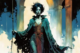 create a wildly imaginative full body portrait of an ethereal, otherworldly , gnarled and emaciated ancient antediluvian female vampire sorceress with extremely short hair in ragged , decayed ornate robes , in the comic book art style of Bill Sienkiewicz, Mike Mignola, and Jean Giraud Moebius, with highly detailed feminine facial features , finely drawn, colored and inked,