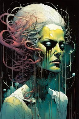 a surreal portrait of the inner workings of her disturbed mind as a nightmarish charnel house of seething pain , in the comic book style of , Bill Sienkiewicz, , Jean Giraud Moebius , and Alex Pardee muted natural color, sharp focus, ethereal , dark and foreboding