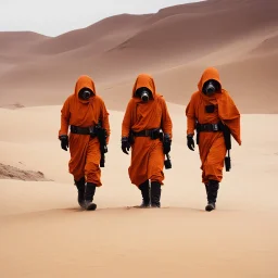 a group of Jawas blended seamlessly with the arid landscape. Clad in orange cargo pants, their lower half disappeared into the sandy abyss, while knee-tall black military boots provided a sturdy foundation. Their faces concealed behind white gas masks, they embodied an air of mystery and intrigue. With each step, the Jawas moved in perfect unison, their synchronized movements a testament to their unity. As they traversed the desert, their attire spoke of both practicality and style, a fusion of