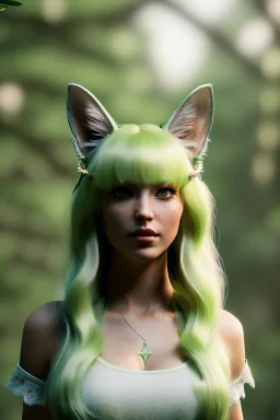 Clear focus,High resolution,High quality,druid, Blonde long hair, green eyes, cat ears, Realistic, intricate details, insanely detailed, forest background