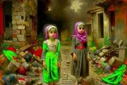 Grey sky, crying little palestinian girls wearing kuffeah and palestinian clothes, rocks, destroyed buildings , emotional influence, friedrich eckenfelder and willem maris impressionism paintings