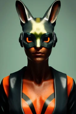 Medium Close Up Portrait, Front image. cyberpunk, rabbit mask, british woman, long hair. Latex suit army. Orange, black, color. Playboy style. Color background, photo studio. Avatar image, highly detailed, concept art, smooth, unreal engine 5, ray tracing, RTX, lumen lighting, ultra detail, volumetric lighting, 3d, finely drawn, high definition, high resolution.