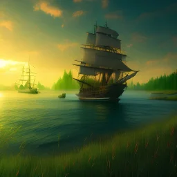 ship, green meadow, sunset, photorealistic, 8k