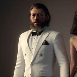 close-up portrait, 8K, a Highly detailed stunning image of Dom man with a submissive woman, woman sitting, a white suit, beard, and short hair,