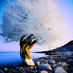 Crystal, white tree, sparkly atmosphere, fantasy, scenery, hard edges, no leaves, rocky shoreline