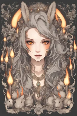 hot worrior woman of fire , with mixing a rabbit style accessories and fashion, belly,ornaments hair, flames ,candels