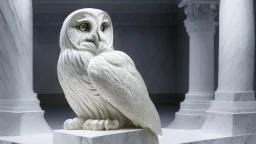 hyper realistic render of a gian owl carved out of white marble, sculpture is displayed inside of a big art exhibit