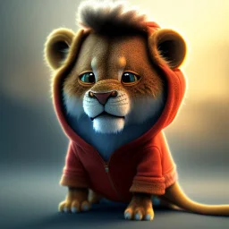 Concept art of Little mascot lion wearing a hoodie (Pixar art style)++, highly detailed, digital painting, art stations, concept art, smooth, unreal engine 5, god rays, ray tracing, RTX, nanite polygons, lumen lighting, ultra detail, volumetric lighting, 3d, detailed anime, finely drawn, high definition, high resolution, cartoon [ animation, cartoon, drawing, painting, low res, cropped, watermark, jpeg artifacts, low quality, normal quality, bad anatomy, text error, worst quality, blurry thousan