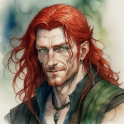 dnd, fantasy, watercolour, large strokes, stylistic, portrait, illustration, dull colours, male, face, narrow long face, weathered face, green eyes, determined, smiling, red hair, very long hair streaming down the shoulders, lush hair, radiating light, five o'clock shadow, elegant, short small mouth, wide smile