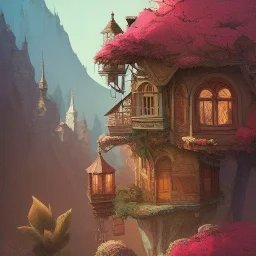 Housebridged between mountains +detailed facades+beautiful,richly detailed houses,trees,ornamental flowers +uphill road+biopunk+Book illustration by Gediminas Pranckevičius, Jean Baptiste Monge, Brian Kesinger, Anton fadeev, strong lines, high contrast vibrant colors, highly detailed, 16k resolution