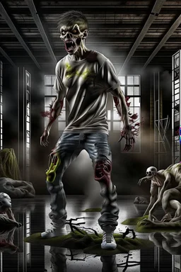 In a sleek, industrial studio setting, a photorealistic 12k ultra-high-definition rendering of a zombie model is captured in a mysterious pose. The zombie, adorned in a shirt made from elephant skin, pants are short ripped skinny pants, shoes are Crocs from elephant skin, thick soles with rollerblades,exudes a sinister aura under the studio's dark and mysterious lighting, creating an unsettling juxtaposition of the undead and the avant-garde."