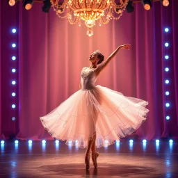 create of a beautiful balerina in pretty clothing in a modern cifi stage in her performance cinamatic lights .