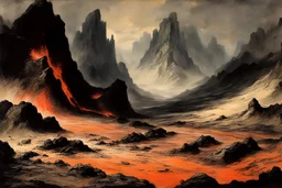 underground world, mountains, lava stream, young wyvern, distant village of dunmer buildings, japanese style landscape influence, willem maris and friedrich eckenfelder impressionism painting