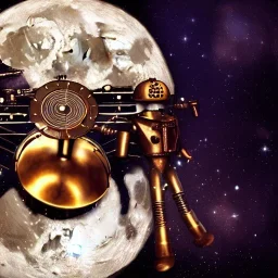 android one man band, full moon background center large, steampunk style,