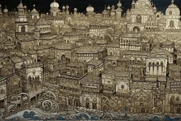 A gray mechanical western town designed in Mehndi design painted by Gustav Klimt