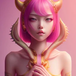 Sad Eyes, girl Cute, intricate detail , portrait, high lighting, Gradient background, Asian woman, leaning pose, slobber octopus , pink short hair, latex suit, full body, squid, nice Little Horns