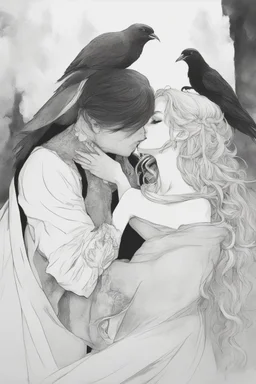 Strahd Von Zarovich being kissed onthe neck by a beautiful woman with white hair, wearing an off the shoulder dress. Settling and background are a lavish toomb with an ebony coffin.