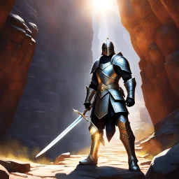 The hero, clad in plate armor and wielding a zweihandsword, stands guard at the narrow passage in the canyon. The sun beats down mercilessly, casting harsh shadows across the rocky terrain. The hero's armor gleams in the sunlight, a beacon of strength and determination. His grip tightens on the hilt of his massive sword, ready to face whatever may come.