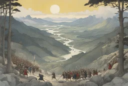 [art by W. Heath Robinson] An epic battle scene with warriors clashing swords in a sunlit valley, surrounded by lush forests. In the background, a massive tarn descends from the sky, adding to the chaos